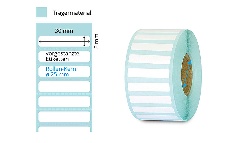Etikettenrolle mit weissen Etiketten im Format 30 x 6 mm