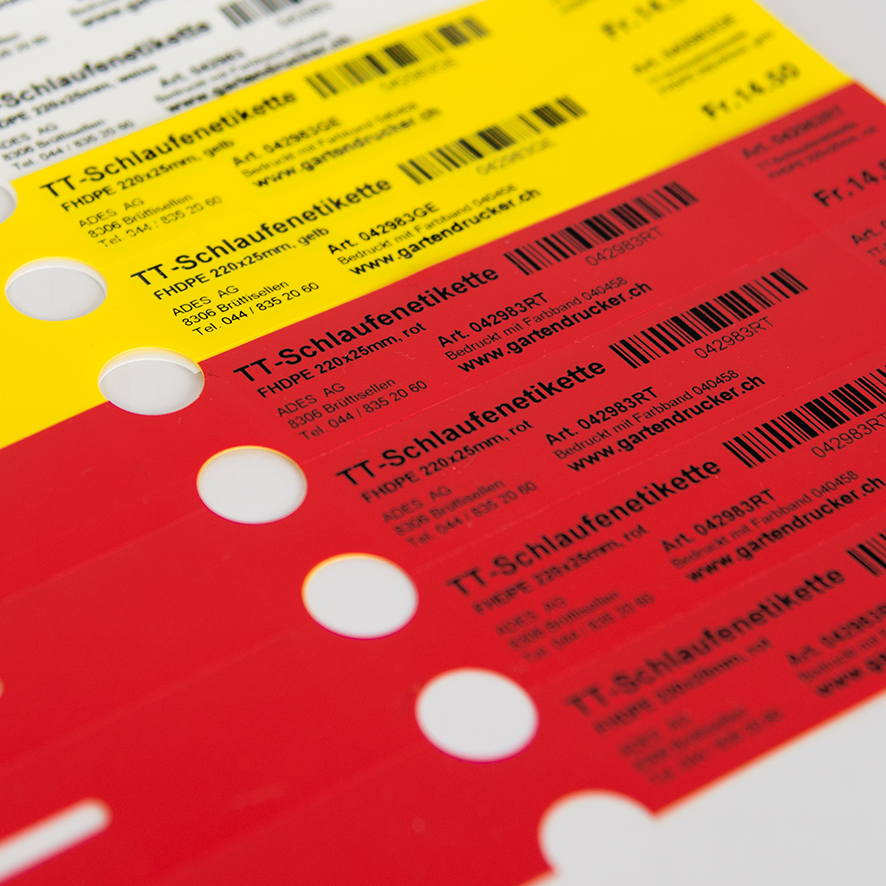 farbige Schlaufenetiketten für Thermotransfer Etikettendrucker