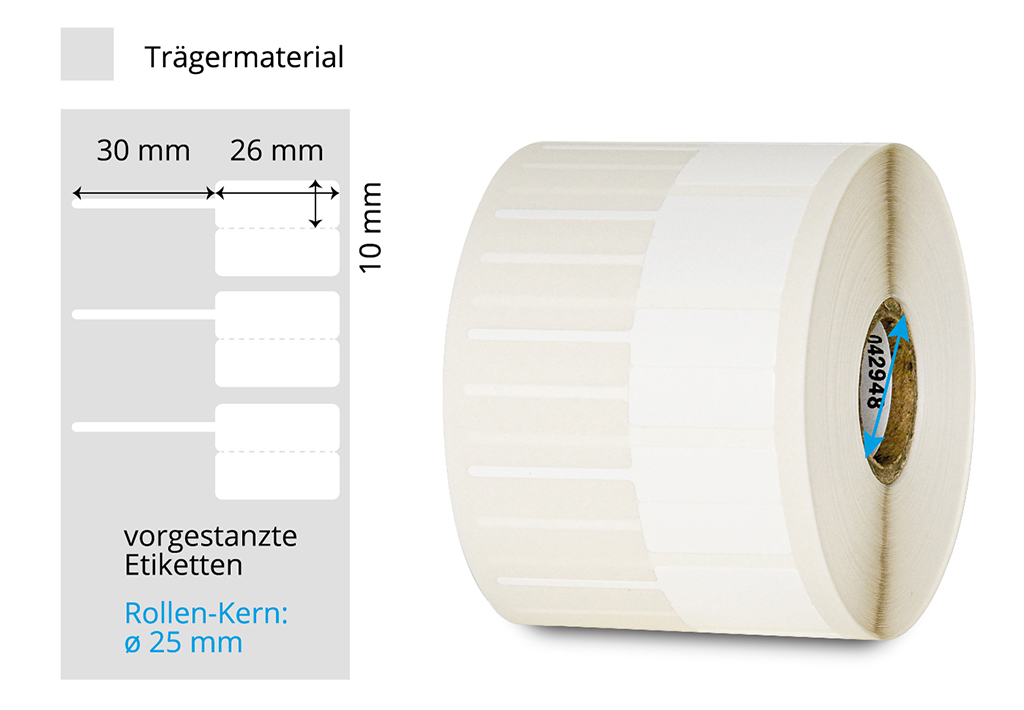 Beispielrolle: Weisse Schmucketiketten auf Rollenkern gewickelt. Format 2 x 26 x 10 mm mit 30 mm Lasche.